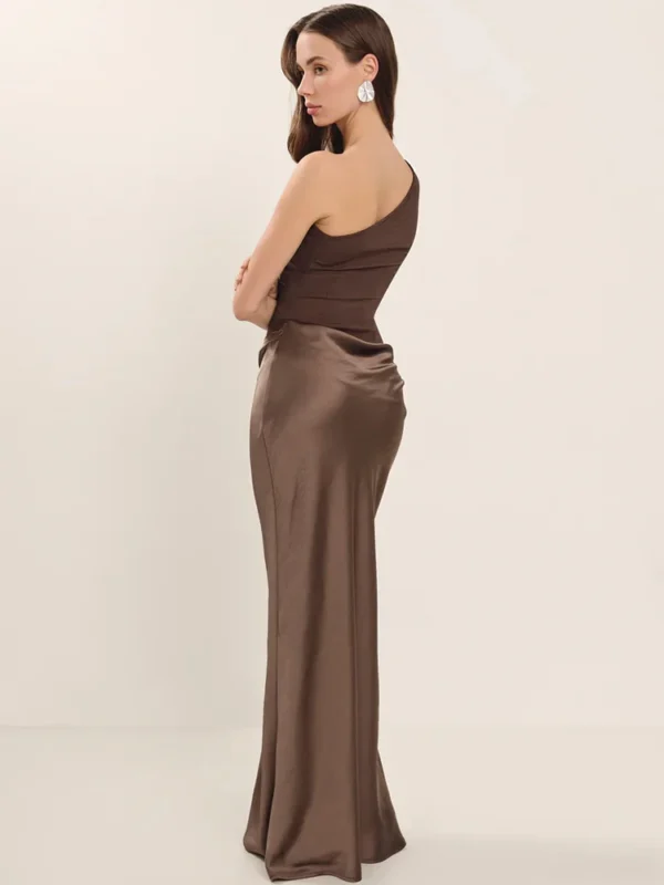 Satin Inclined Shoulder Sexy Maxi Dress - Image 4
