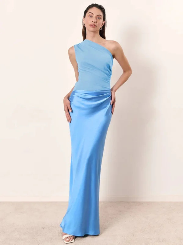 Satin Inclined Shoulder Sexy Maxi Dress - Image 8