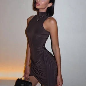 Ruched Turtleneck Bodycon Mini Dress
