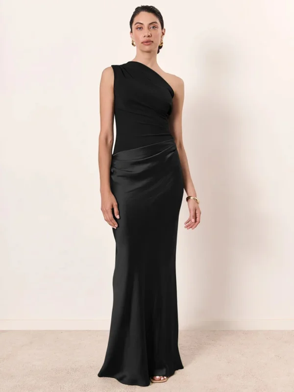 Satin Inclined Shoulder Sexy Maxi Dress - Image 6