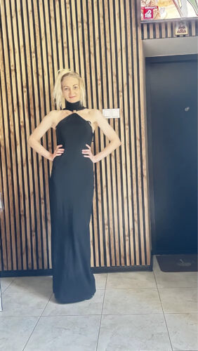 Off-Shoulder Knit Maxi Dress with Metal Buckle photo review