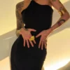 Off-Shoulder Knit Maxi Dress with Metal Buckle