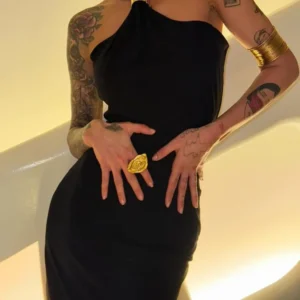 Off-Shoulder Knit Maxi Dress with Metal Buckle