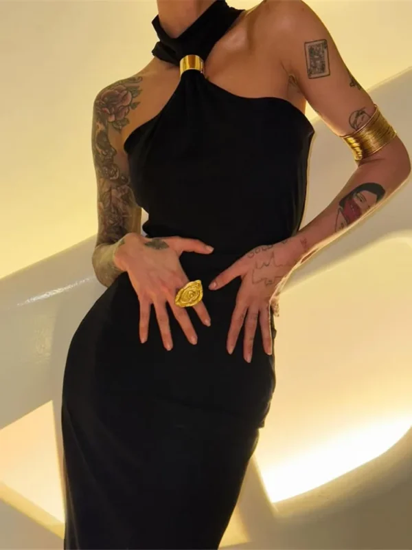Off-Shoulder Knit Maxi Dress with Metal Buckle