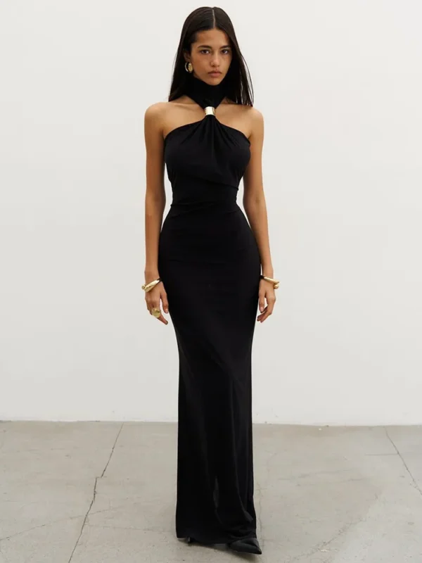 Off-Shoulder Knit Maxi Dress with Metal Buckle - Image 4