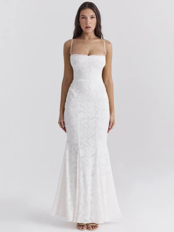 White Lace-Up Backless Maxi Dress – Sexy Summer Bodycon Gown