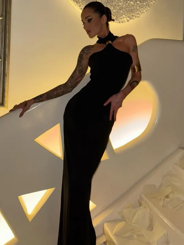 Off-Shoulder Knit Maxi Dress with Metal Buckle - Image 2